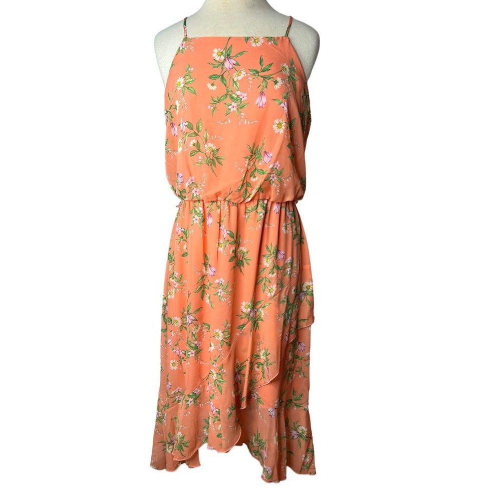 Stella & Julie Dress Orange Floral size 12 asymmetric hem lined sleeveless